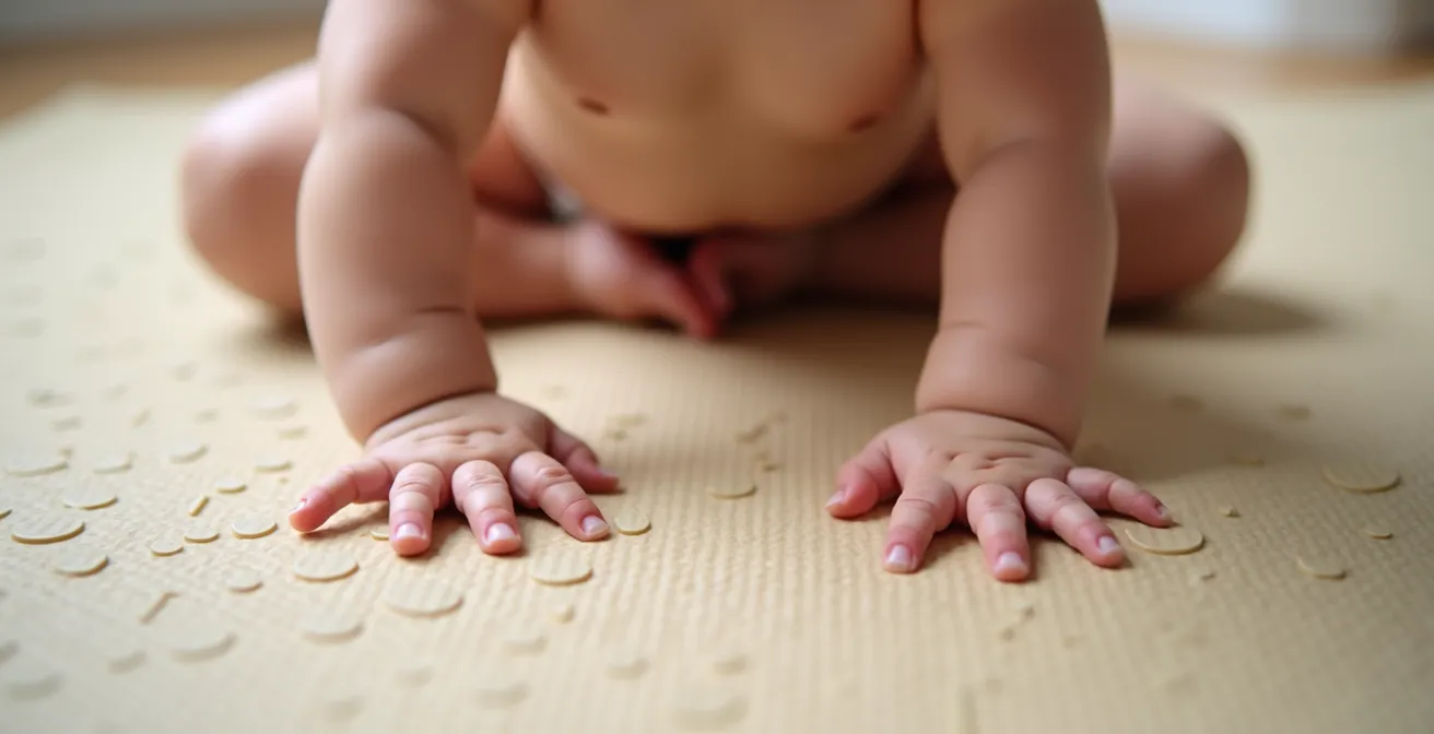 A baby actively practicing a tripod sitting position on the floor, showing engaged core muscles.