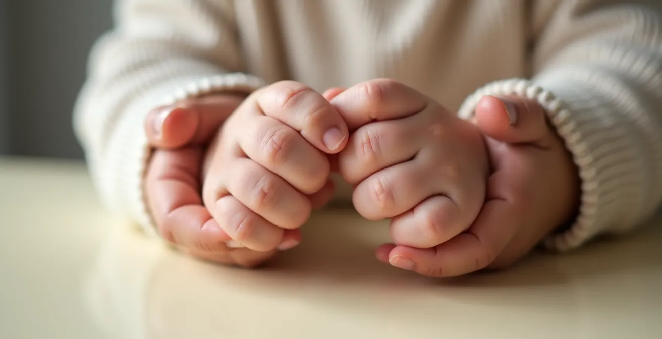 Close-up of baby's hands making the milk sign gesture with parent's hands guiding gently