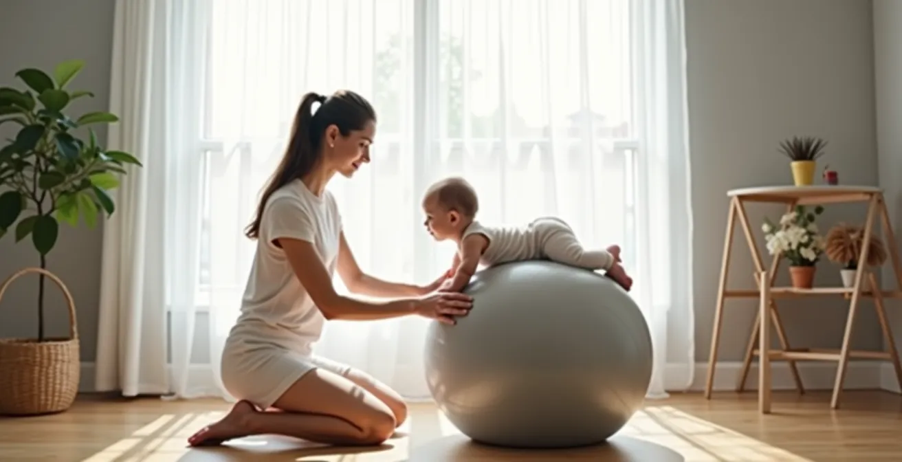 Parent supporting baby on an exercise ball for a gentle tummy time practice in a bright room.