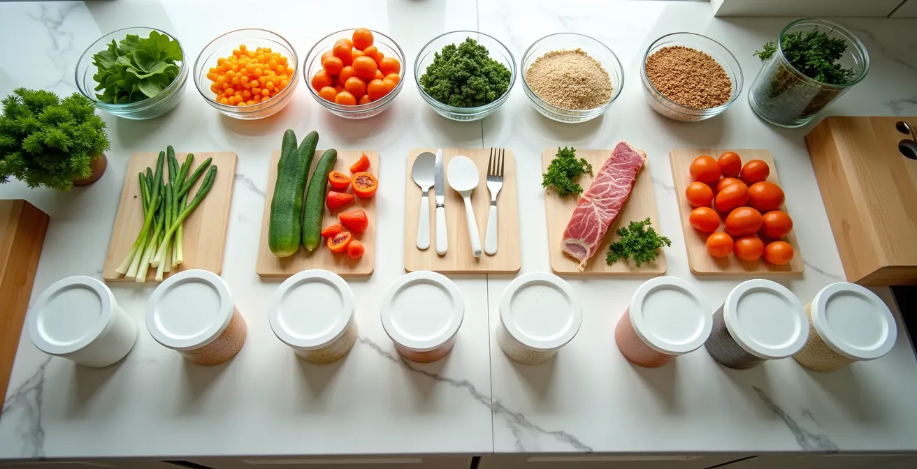 Organized meal prep station with labeled containers and fresh ingredients ready for batch cooking