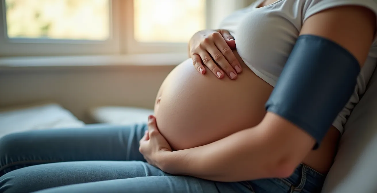 Pregnant woman's arm with blood pressure cuff during measurement
