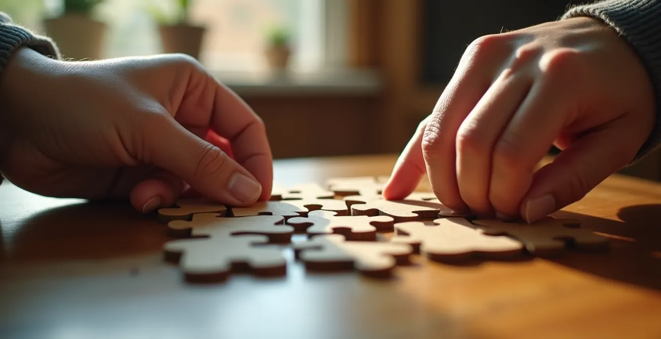 An extreme close-up of a child's hand and an adult's hand working together to fit a puzzle piece, symbolizing collaboration and shared problem-solving.