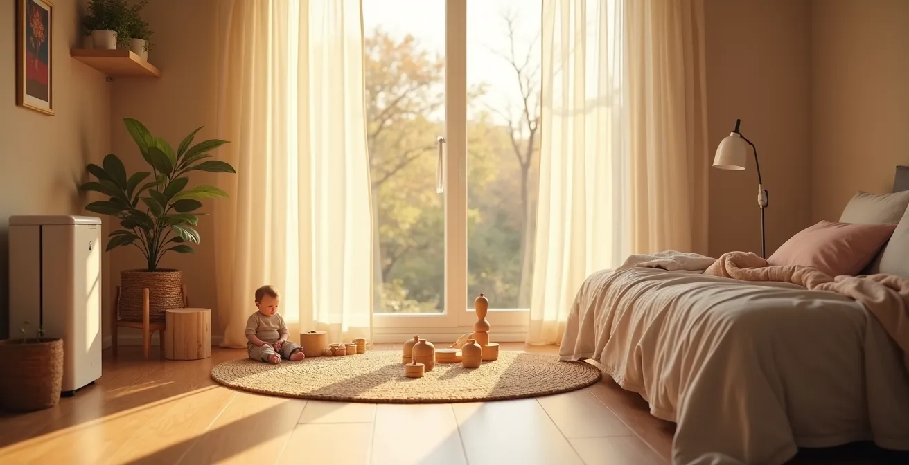 Child's bedroom with air purifier and natural wooden toys in soft morning light