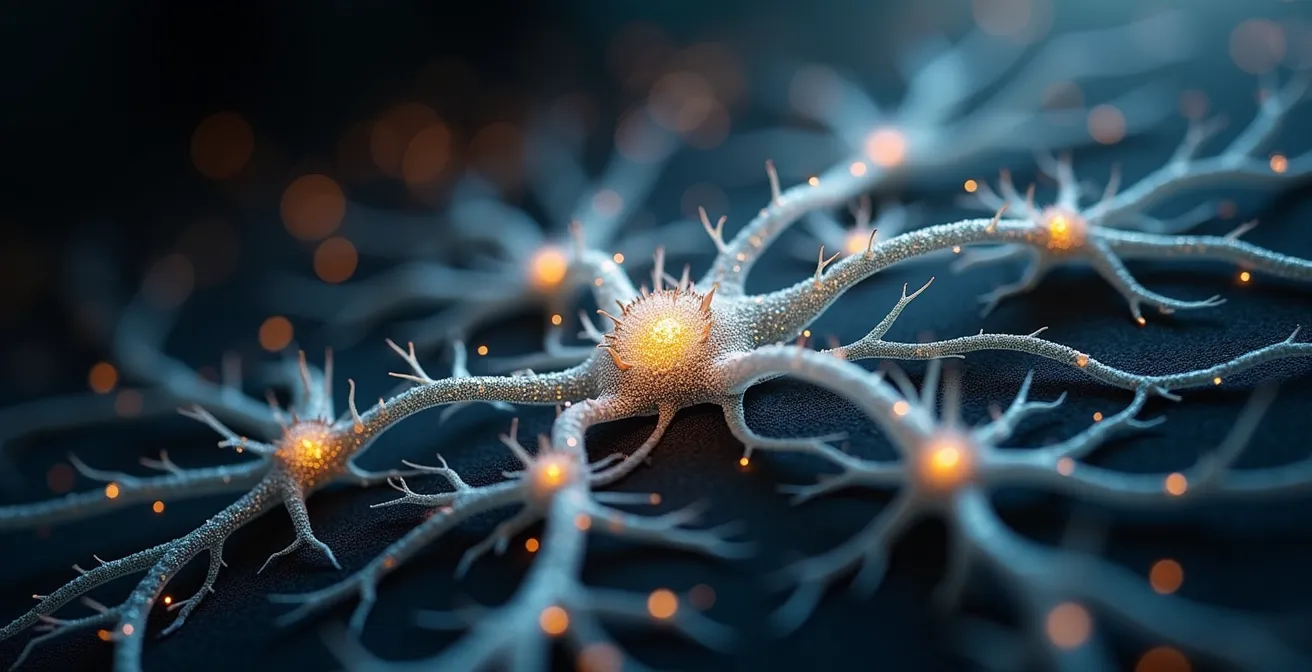 Macro view of neural synapses with glowing connections representing brain activity