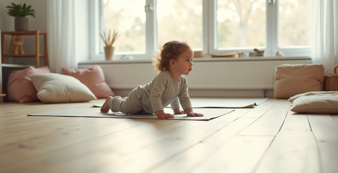 Child performing bear crawl exercise on a soft mat for proprioceptive input