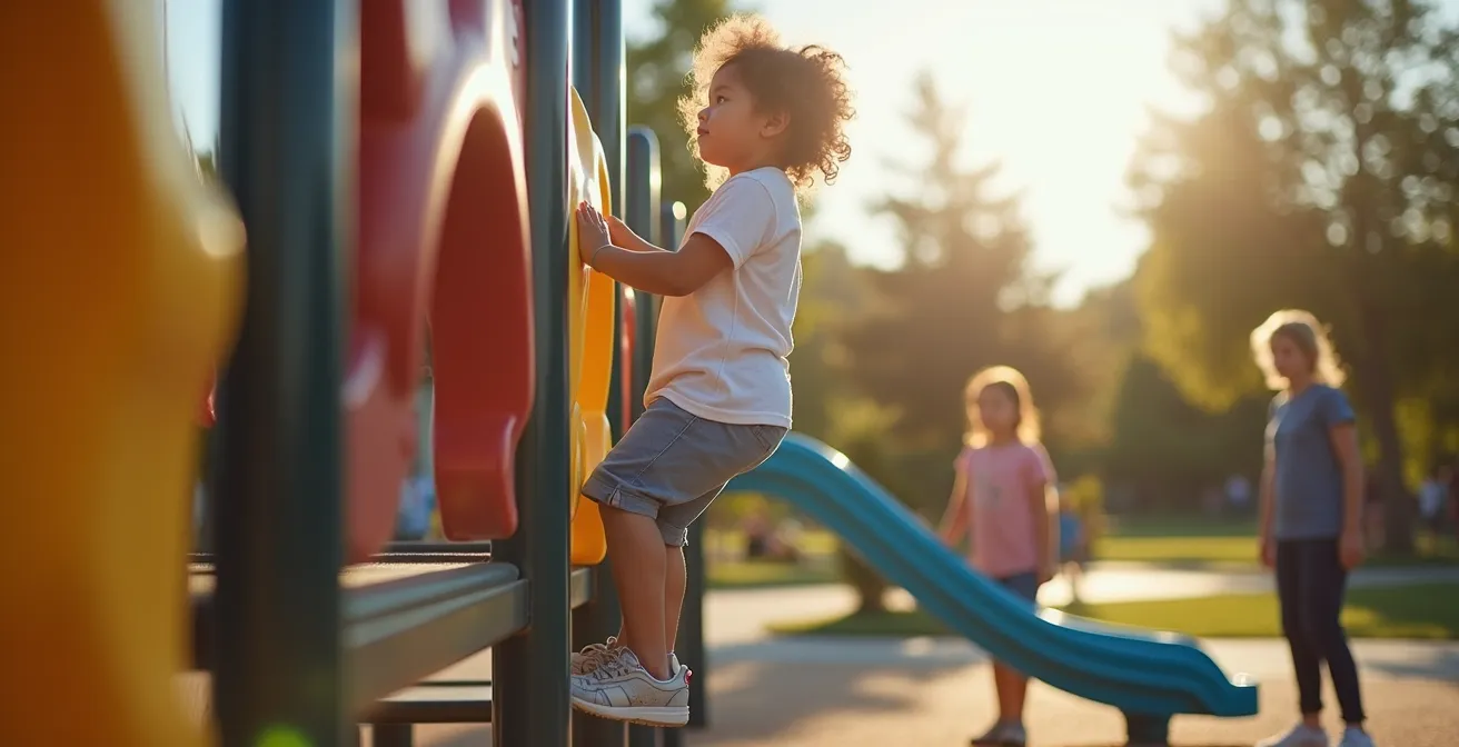 Wide shot of child climbing playground structure with parent gradually stepping back