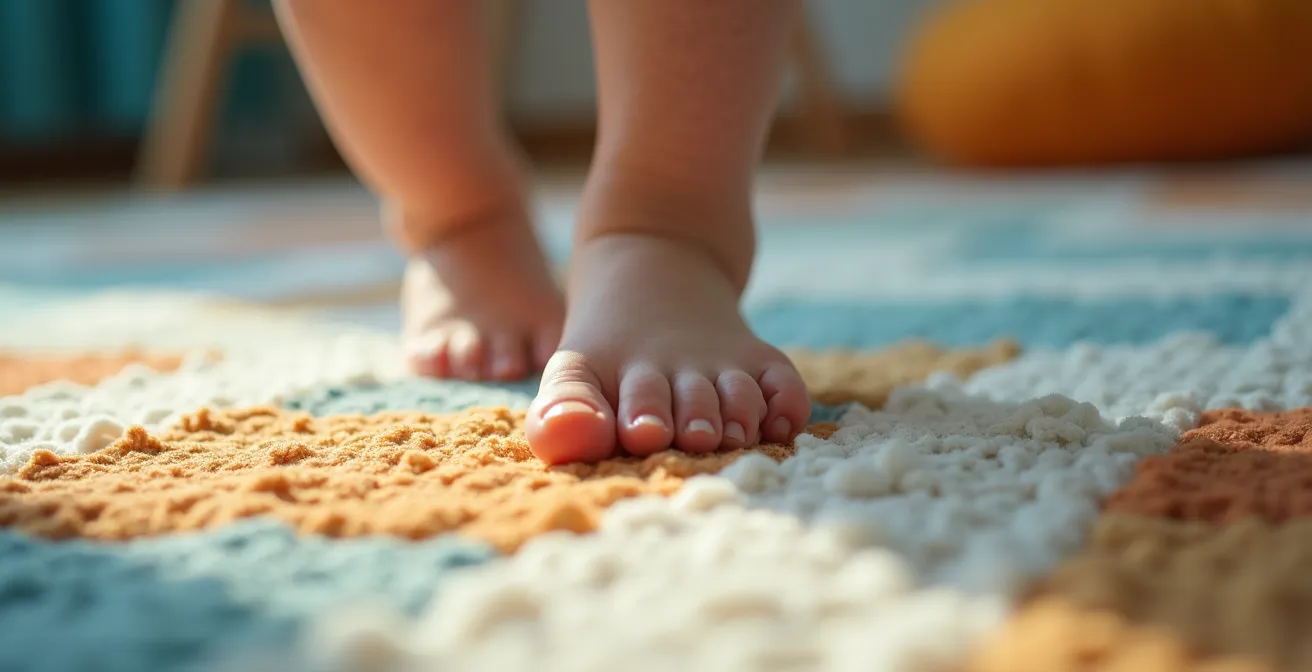 Young child carefully walking across various textured surfaces arranged as an indoor balance path