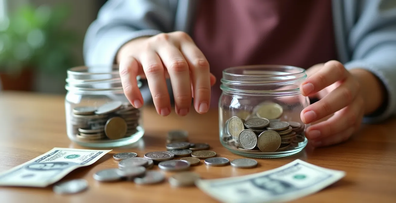 Child organizing money into three clear jars labeled for different purposes