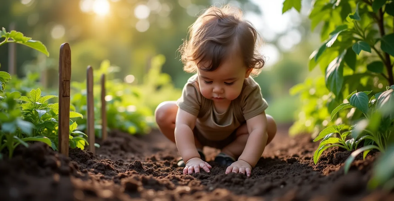 Toddler exploring garden soil with hands while playing outdoors