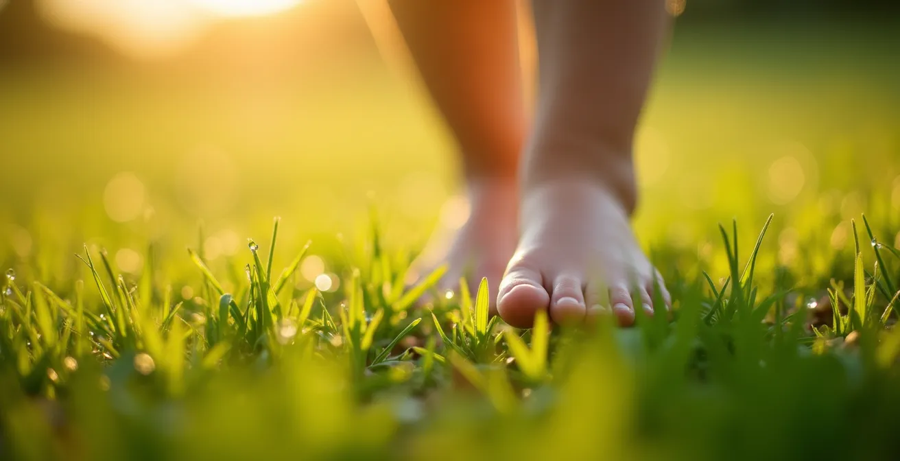 A close-up of a child's bare feet on dewy morning grass, representing healthy weekend morning activity.