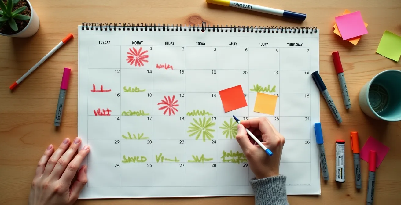 Color-coded family calendar showing activity intensity levels with red, yellow, and green zones