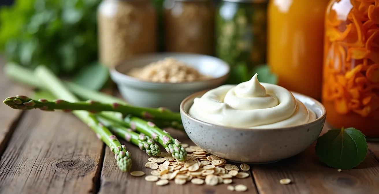 Artistic arrangement of probiotic and prebiotic foods for gut health recovery