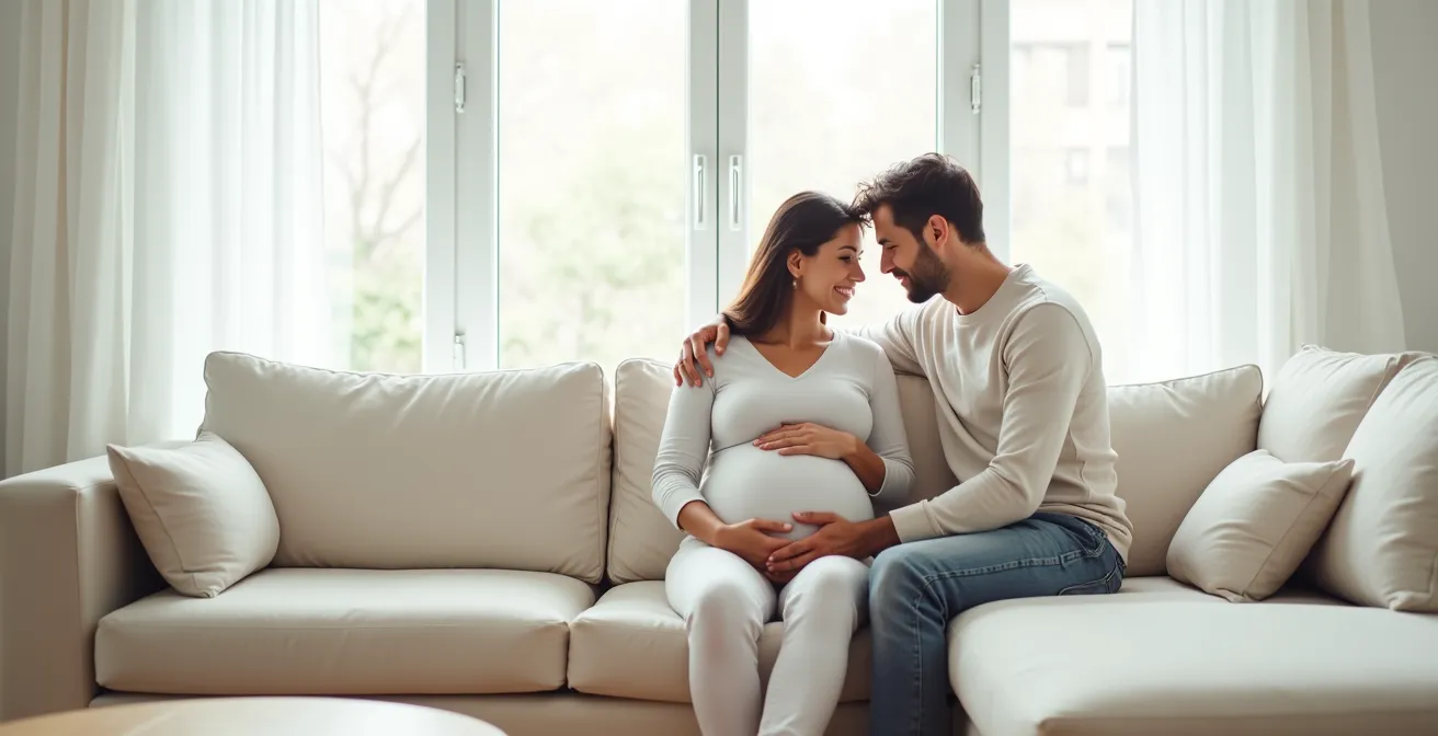 Partner supporting pregnant woman in quiet moment of connection in minimalist setting