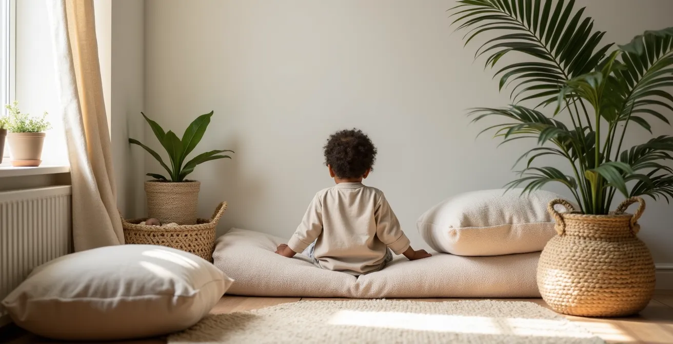 A child-friendly calming corner featuring soft cushions, a weighted blanket, and a basket of sensory tools in a naturally lit room.