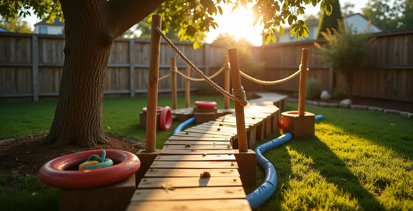 Homemade obstacle course with rope swings, balance beams, and climbing structures in a backyard