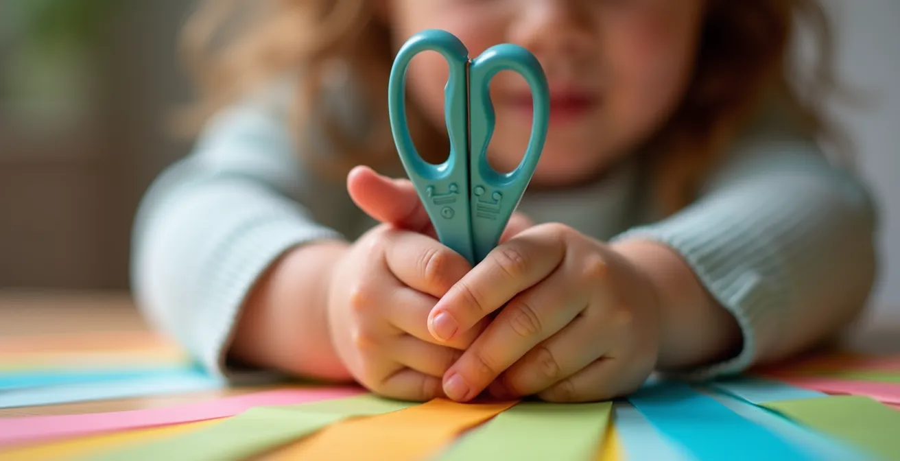 Child's hands demonstrating proper scissor grip with elbow tucked to body