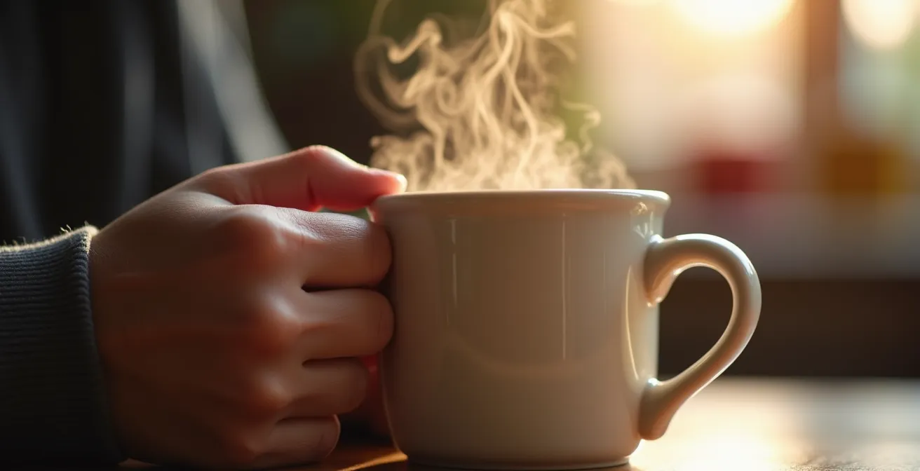 An extreme close-up on a parent's tired hand wrapped around a warm coffee mug, with steam rising, symbolizing the need for comfort amidst exhaustion.
