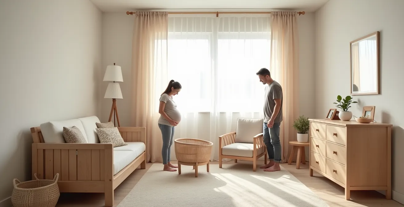 Couple efficiently organizing future-proof nursery space during second trimester