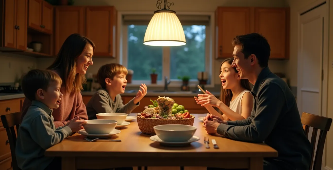 Family enjoying device-free dinner conversation together in a warm, intimate dining room