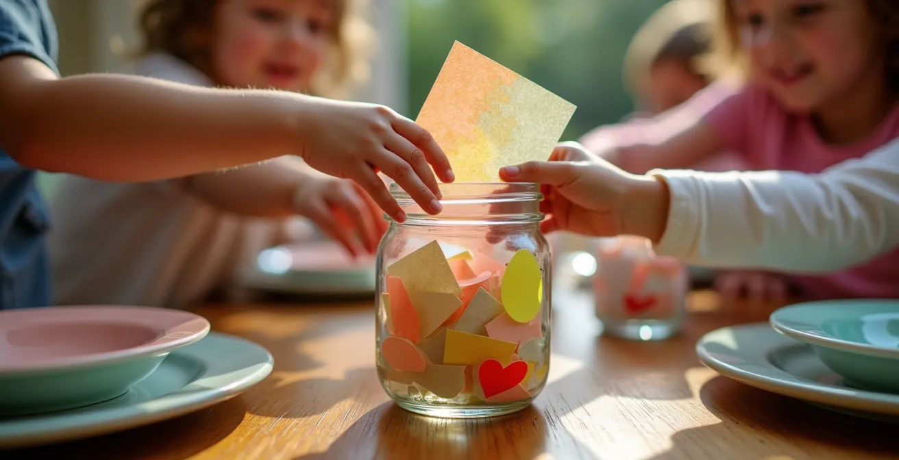 Close-up of children's hands reaching for colorful paper slips in a decorated glass jar on the dinner table