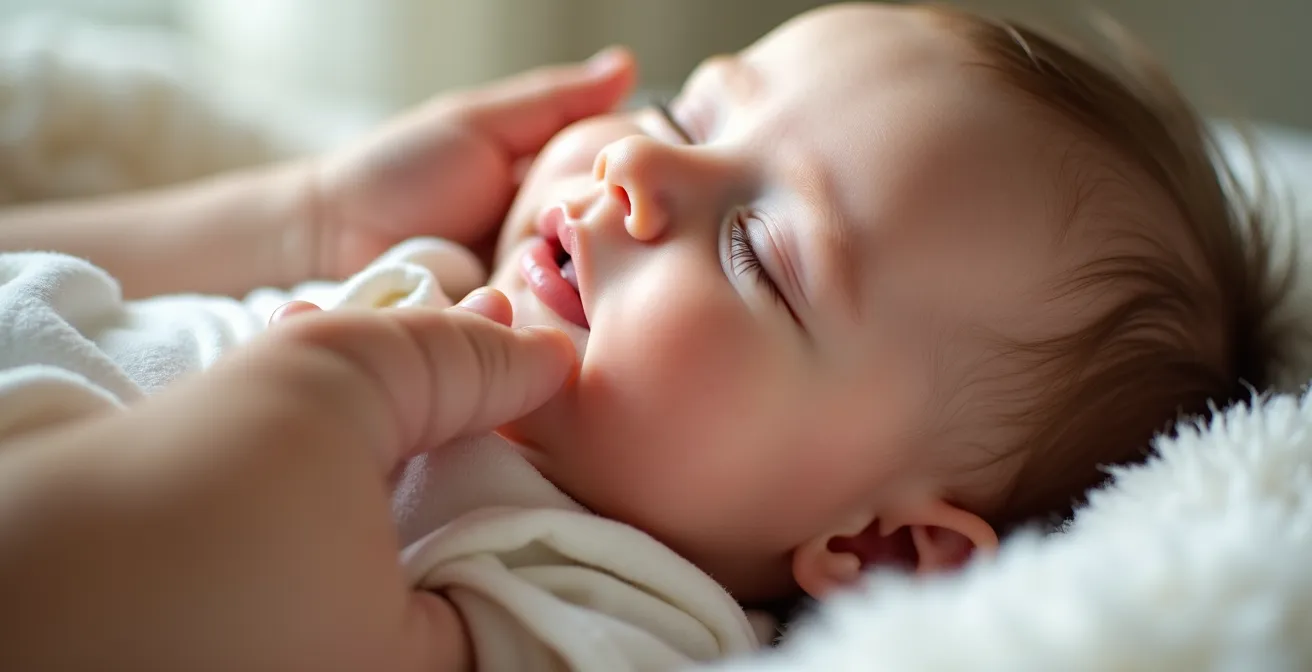 Close-up of parent's hand gently touching sleeping baby's cheek in soft afternoon light