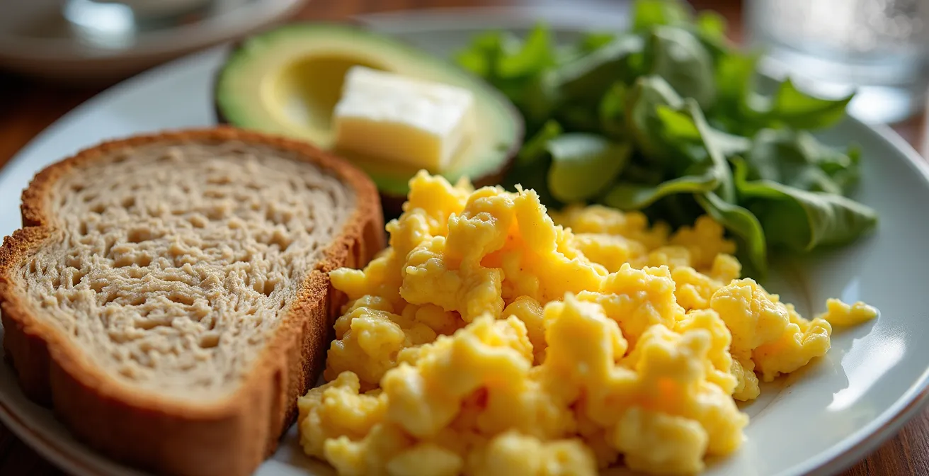 Healthy breakfast spread with protein-rich foods and a glass of water