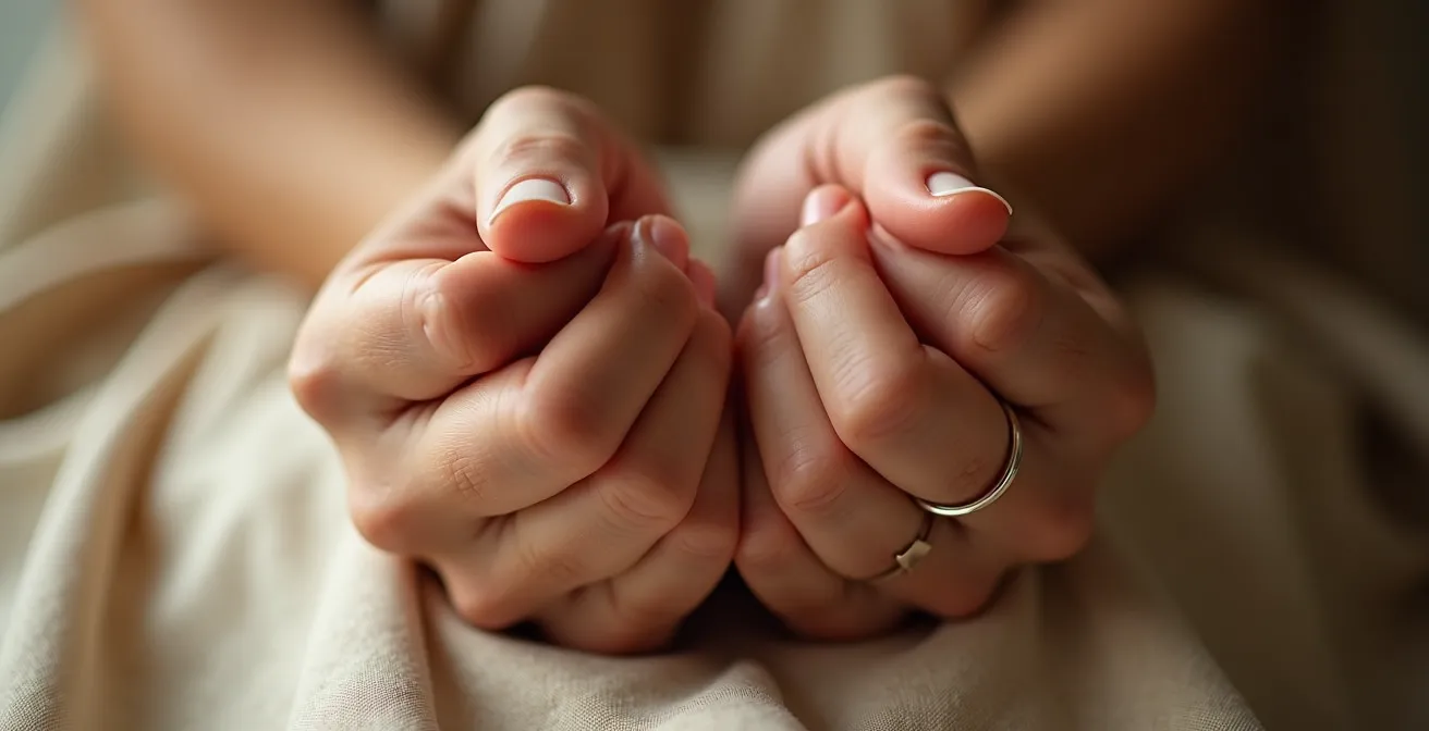 Close-up of hands gripping fabric showing natural labor intensity