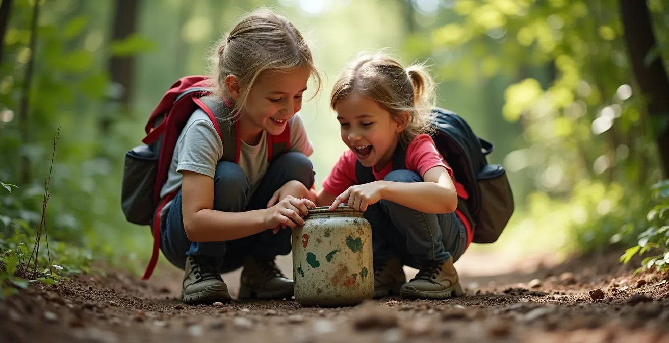 Children using a GPS device while exploring a wooded trail searching for hidden treasure