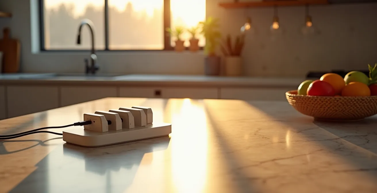 A modern kitchen counter with an organized family charging station set up for the evening.