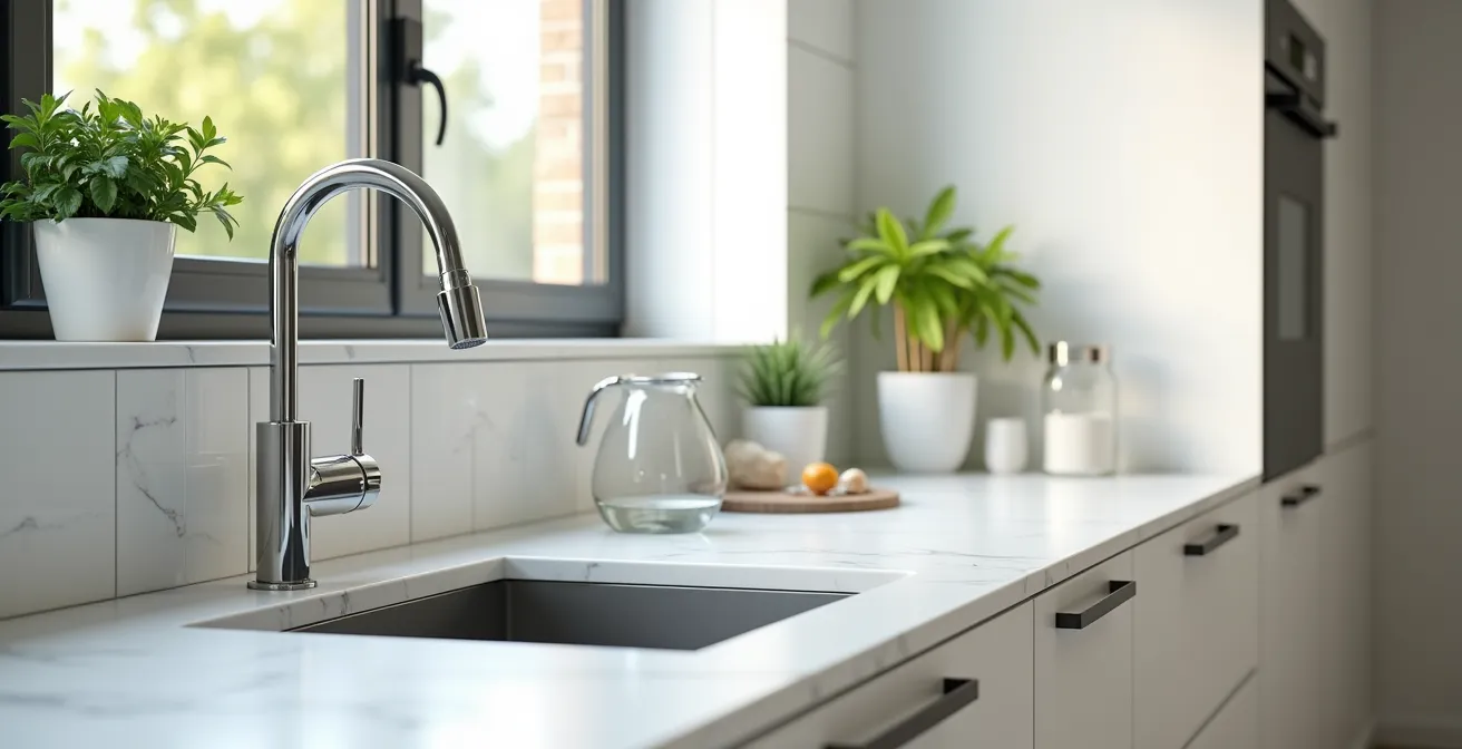 Wide shot of modern kitchen with under-sink water filtration system visible