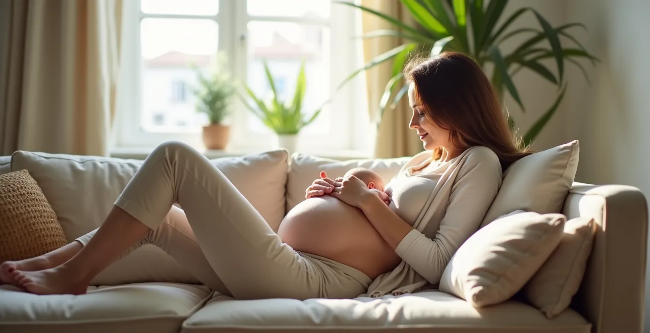 Mother in reclined position with baby naturally latching through biological nurturing