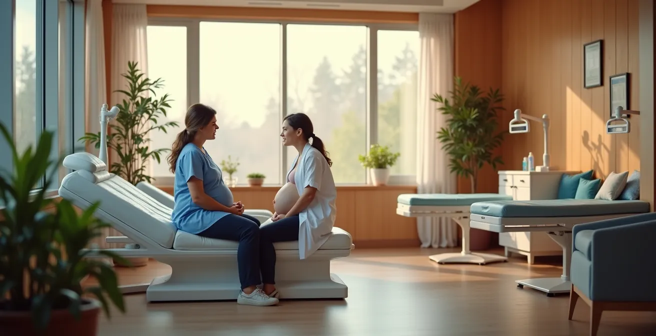 A pregnant woman in a calm, modern birthing suite, having a supportive discussion with her healthcare provider.