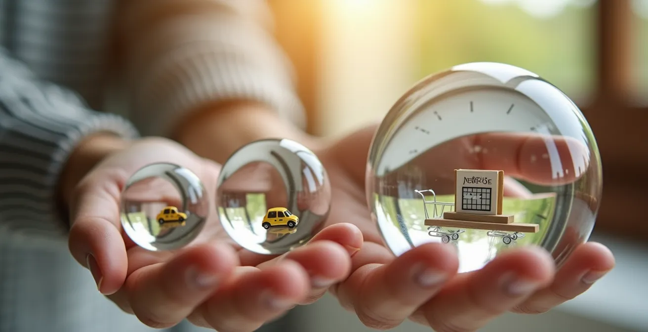 Parent juggling multiple invisible household management tasks represented by symbolic objects in glass spheres