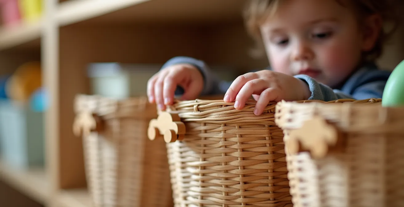 Close-up of child's hands placing a toy car into a bin marked with an actual toy car glued to the front