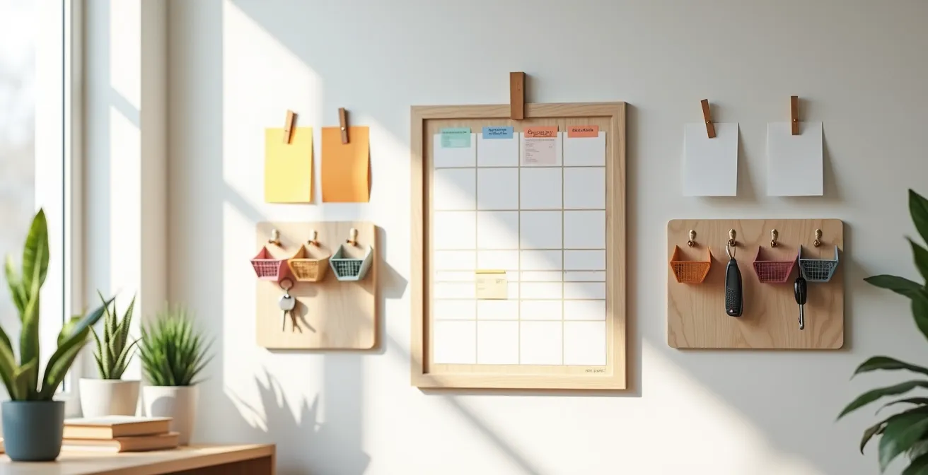 Well-organized family command center with three distinct zones on a wall