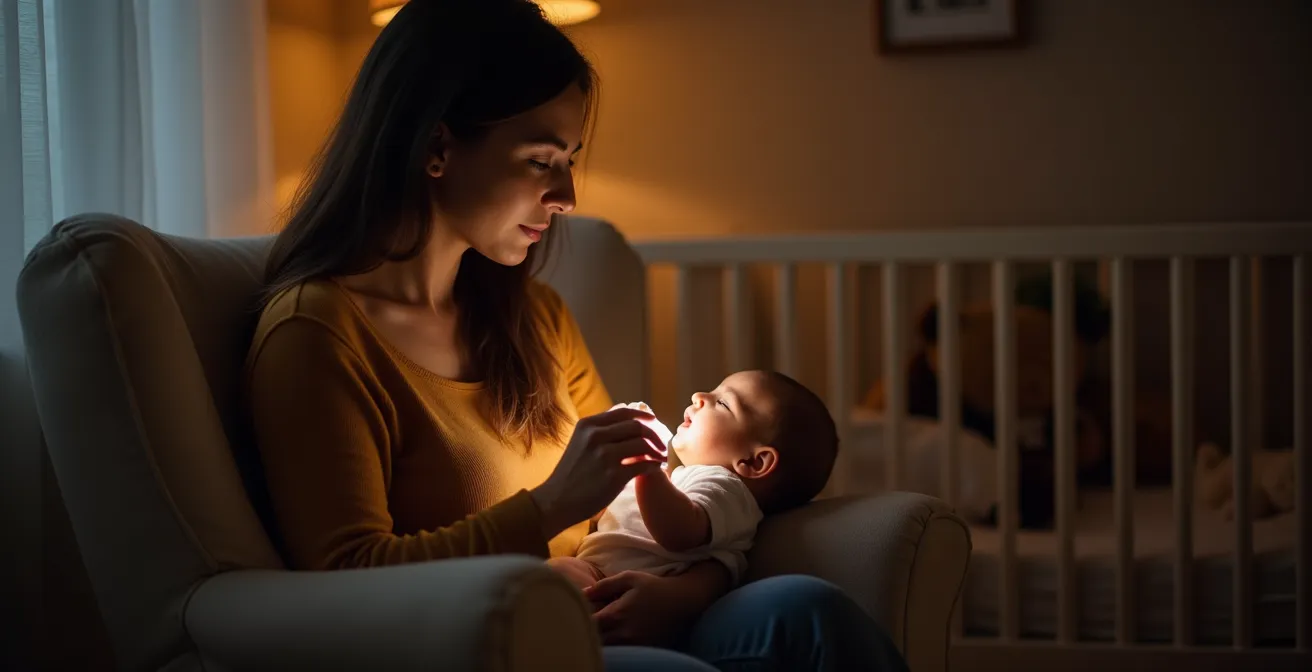 Parent observing baby's feeding cues in dimly lit nursery