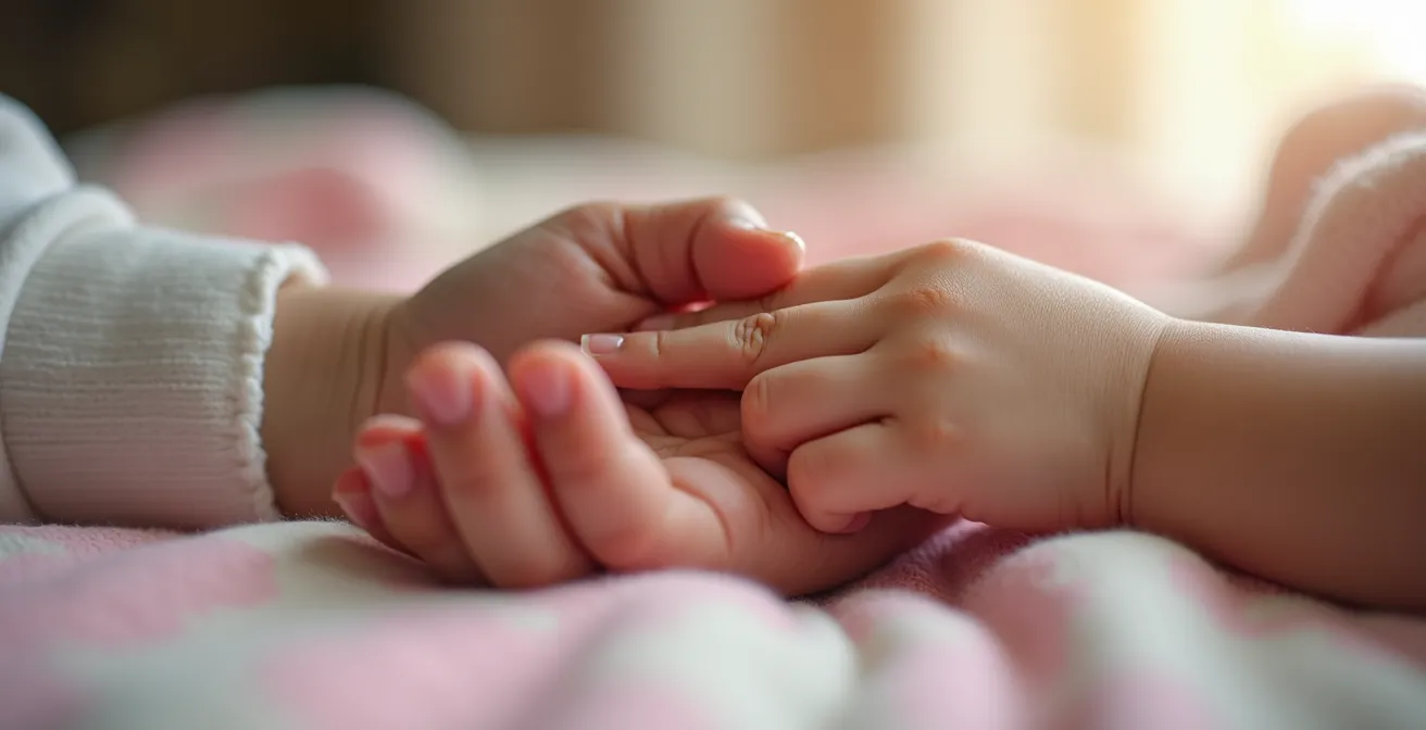Parent comforting upset toddler through physical touch and eye contact without screens
