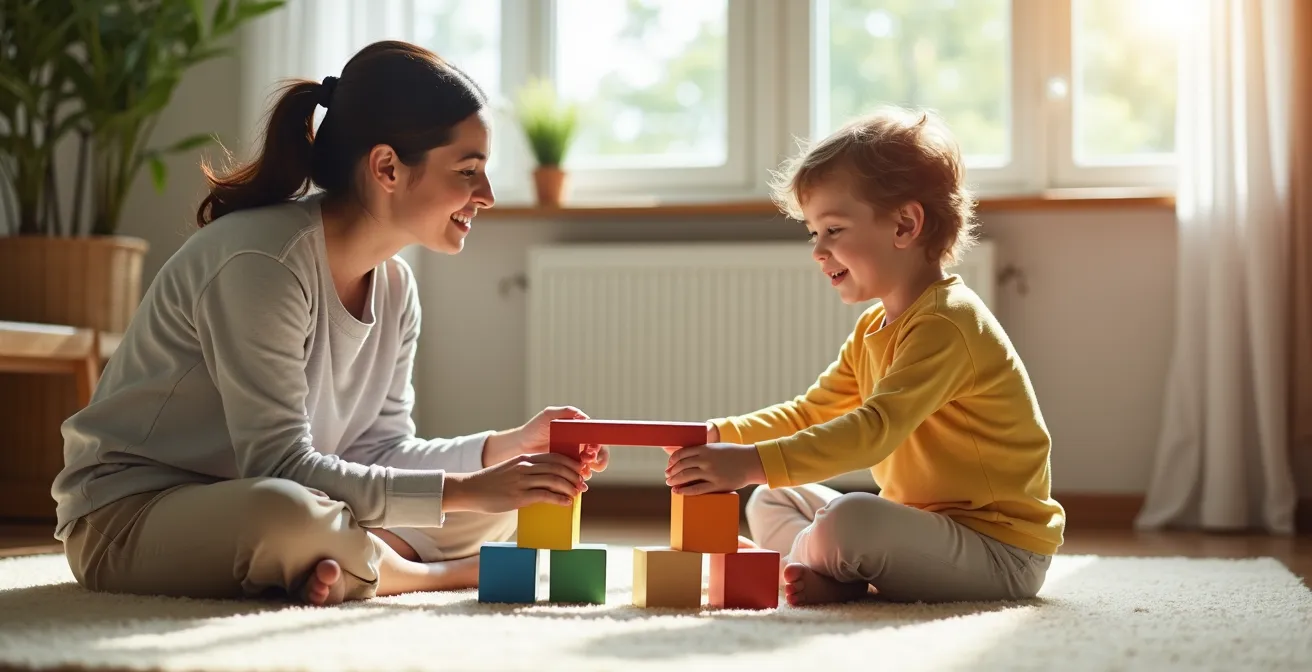 Parent and child reconnecting through gentle play after emotional regulation