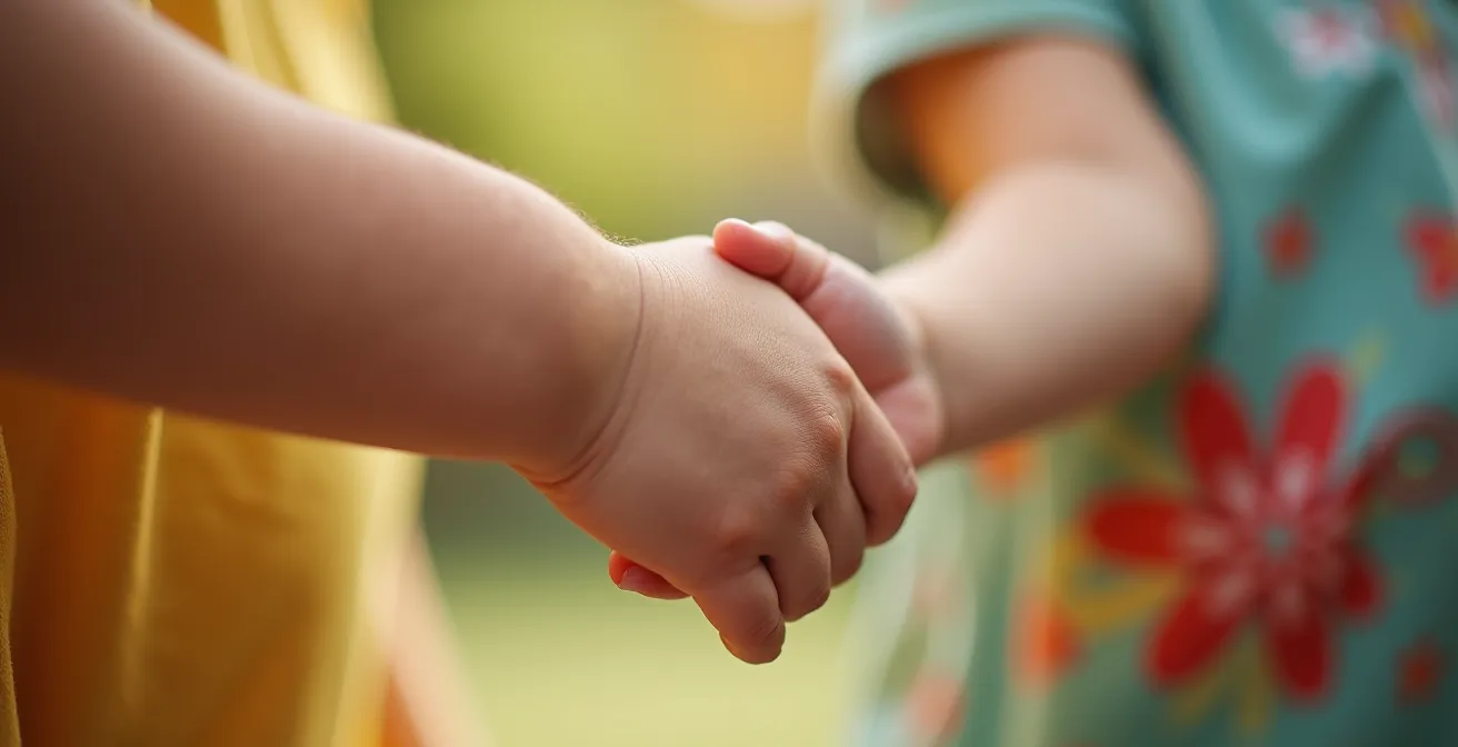 Macro shot of child's hand reaching back to touch parent's hand while exploring