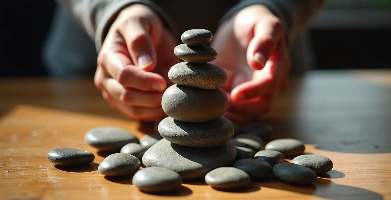 A visual metaphor of a parent's and child's hands carefully building a tower of stones, representing the delicate balance of trust built on kept promises.