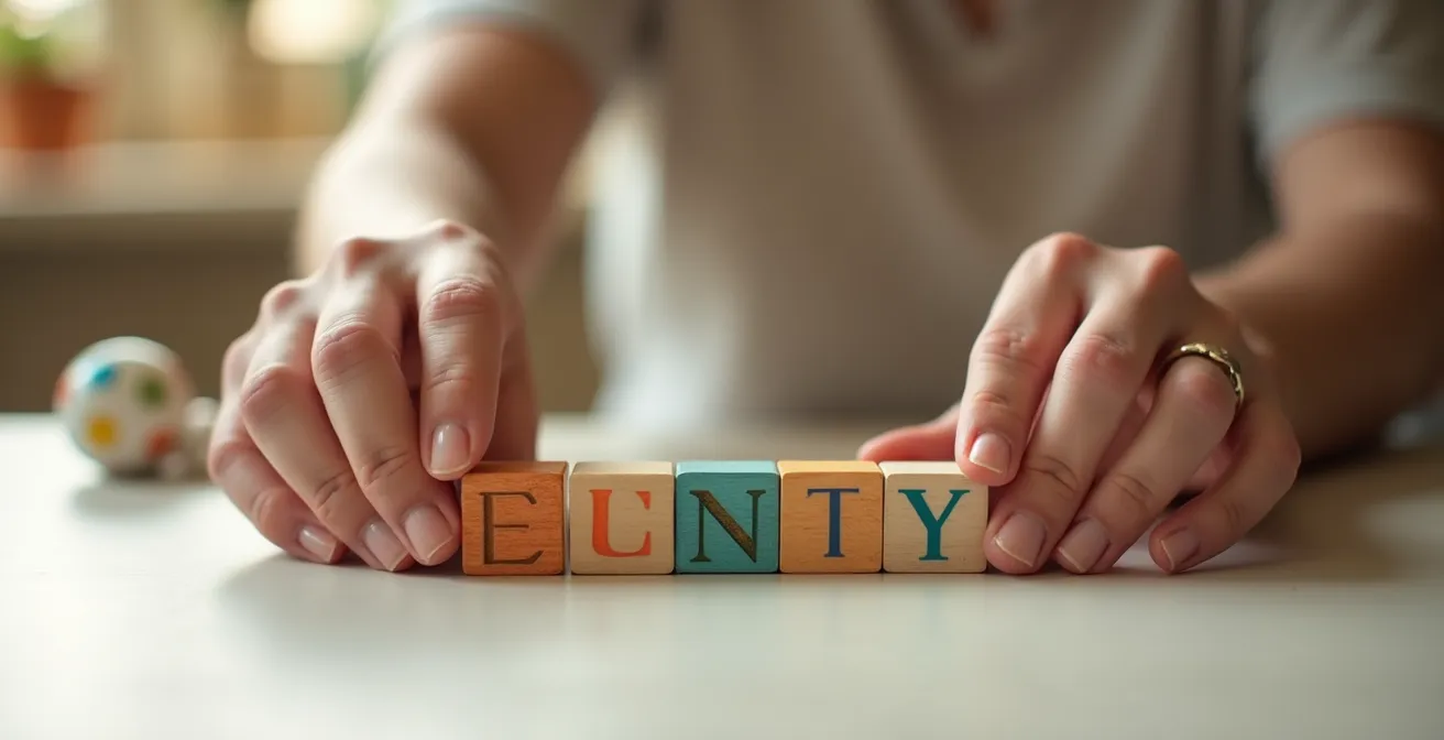 Close-up of parent's hands creating a visual identity budget chart with colored blocks