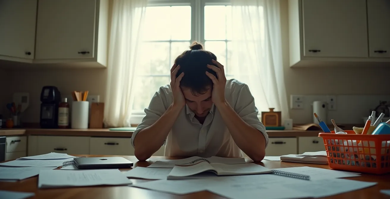 An exhausted parent sits at a table, head in hands, surrounded by a chaotic array of tasks symbolizing overwhelming responsibilities and burnout.