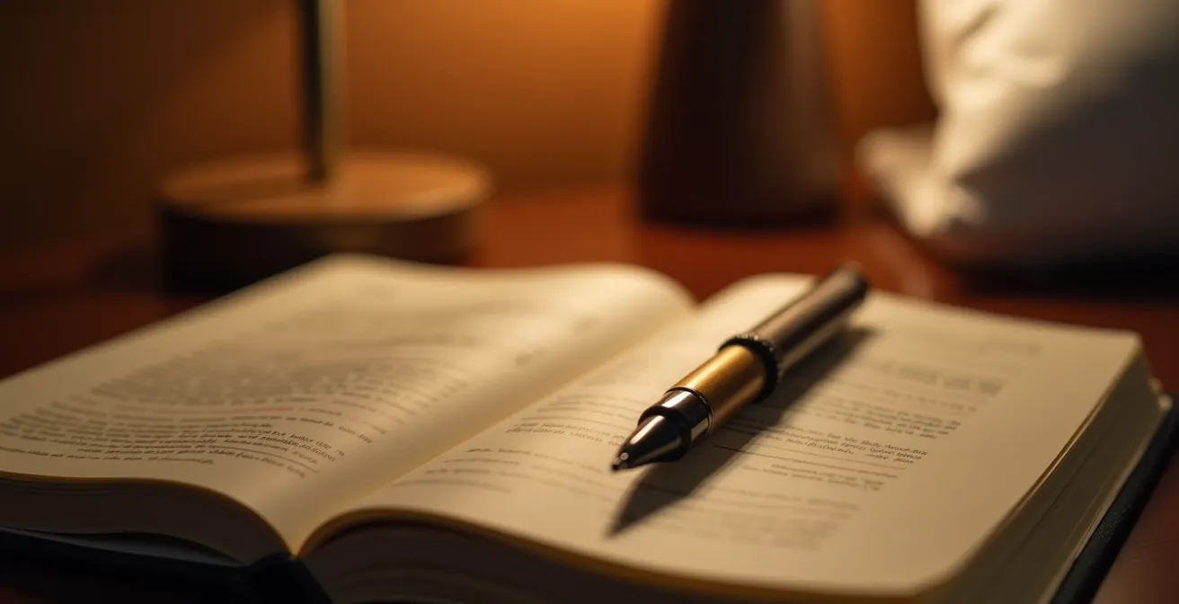 Parent's bedside table with journal and pen in soft evening light