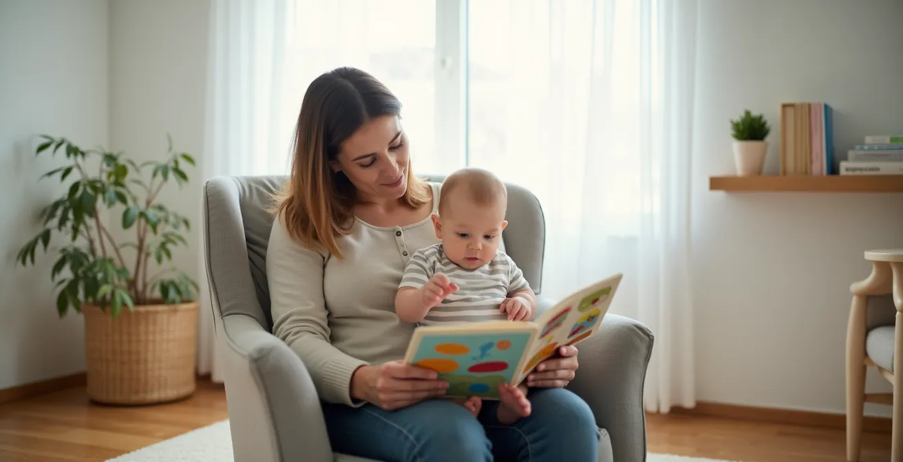 Parent reading a colorful board book to infant on lap, both engaged with the images