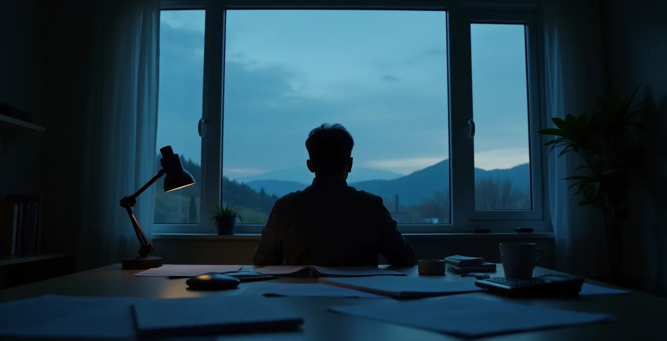 Parent thoughtfully reviewing financial planning documents at home office