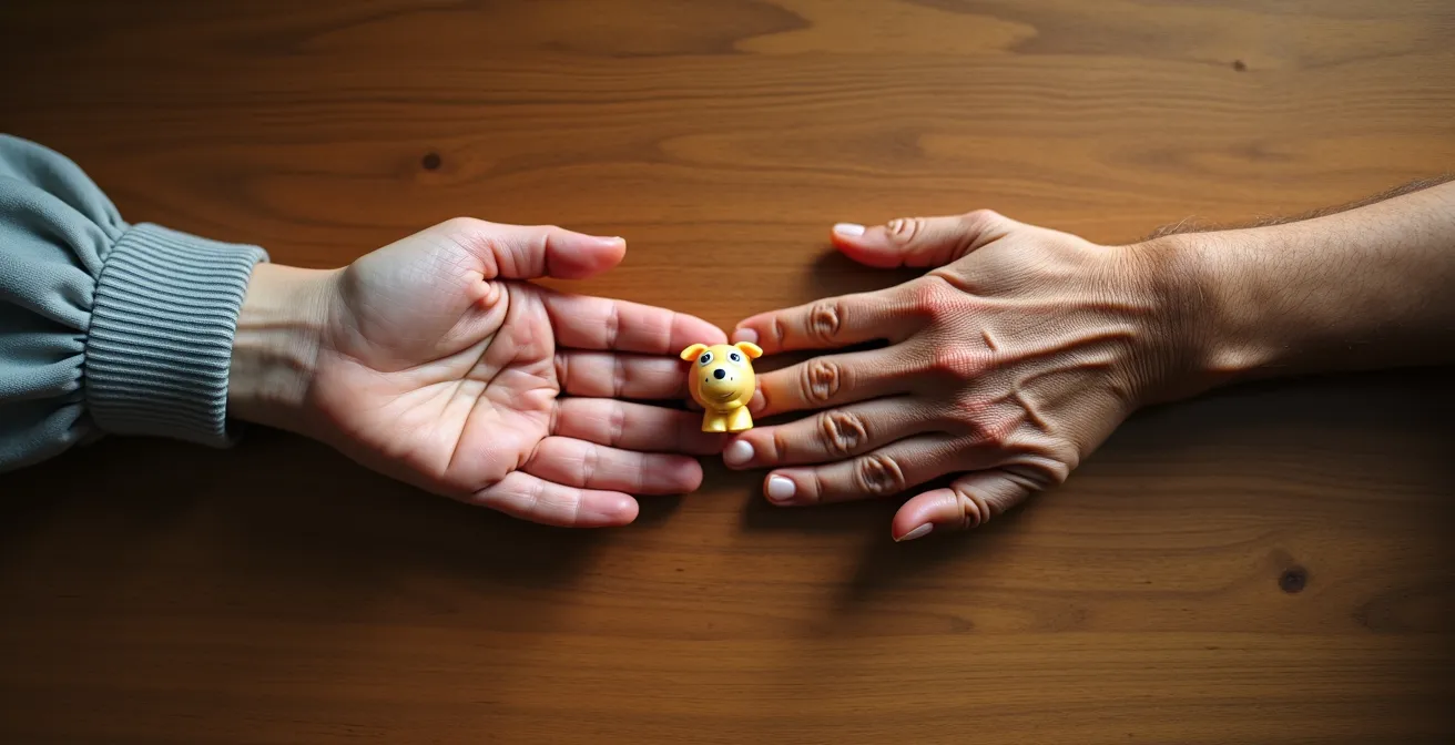 Adult daughter having a calm conversation with elderly parent about childcare boundaries