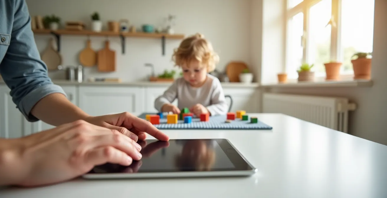 Parent's hands configuring tablet settings while child plays with blocks nearby