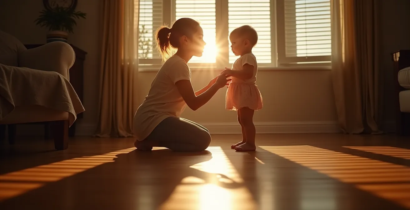 Parent kneeling at toddler's eye level in gentle reconciliation moment