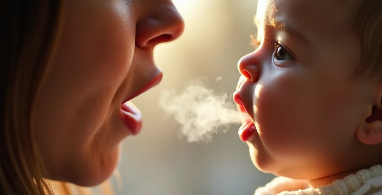 Close-up of parent speaking to infant showing acoustic wave patterns