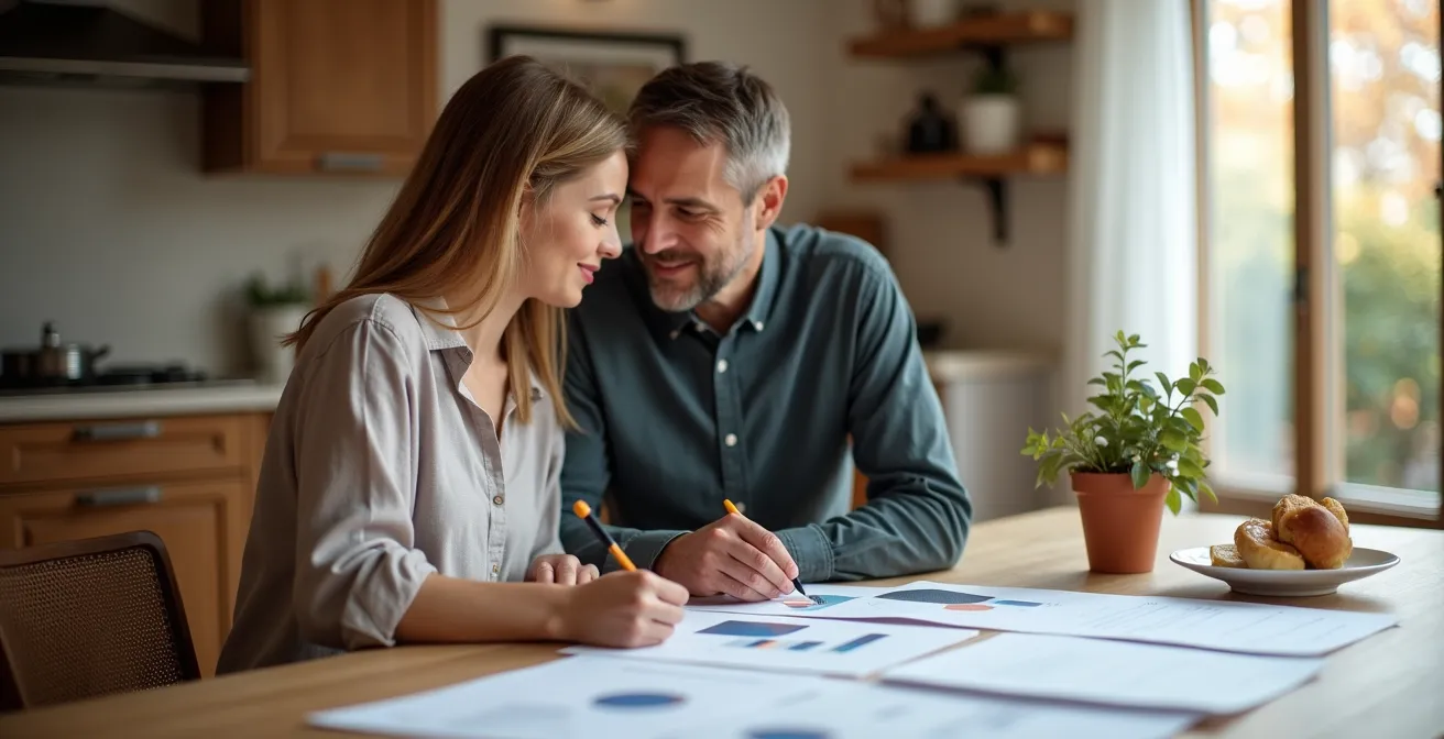 Couple working together on household planning at dining table